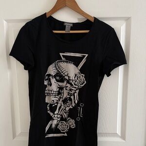 Divided Black Tee with Skeleton and Floral Art